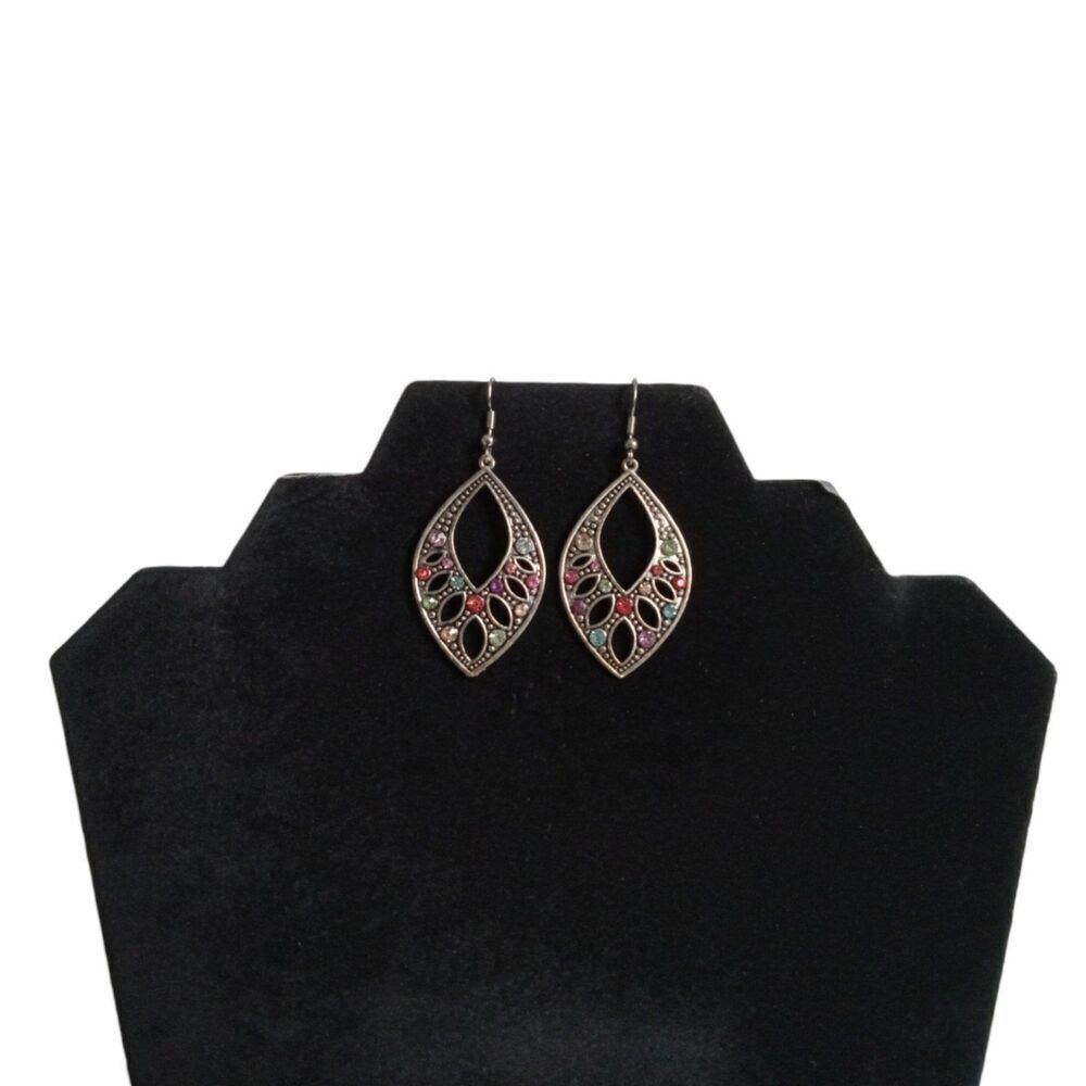 Silver Toned Metal Multicolored Colorful Rhinestones Dangle Statement Earrings